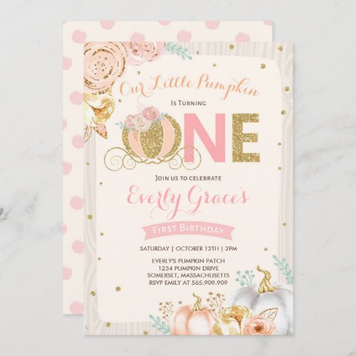 Pumpkin 1st Birthday Invitation Rustic Pink Gold