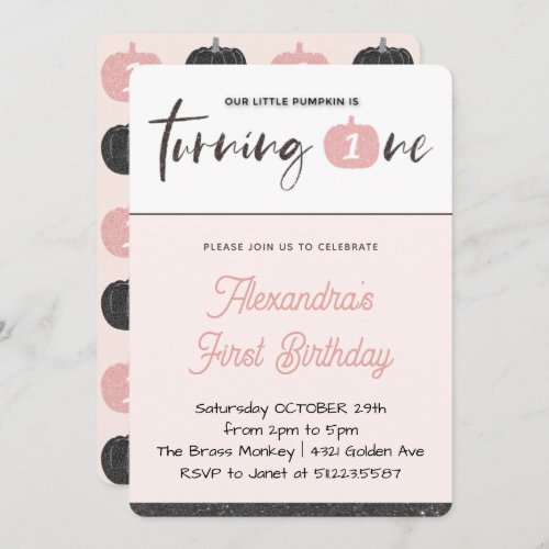 Pumpkin 1st Birthday Invitations Girl Pink Black