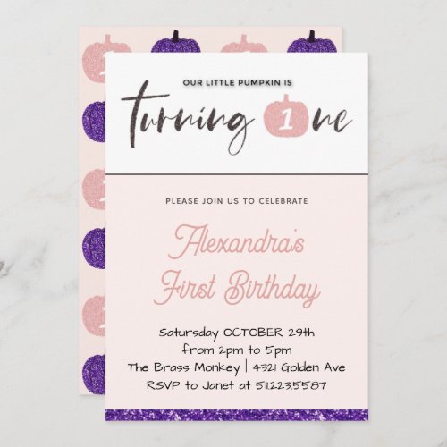 Pumpkin 1st Birthday Invitations Girl Pink Purple 