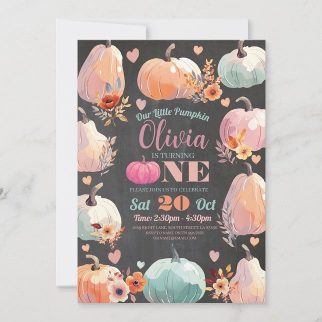 Pumpkin 1st Birthday Little Pastel Autumn Fall  Invitation (Front)