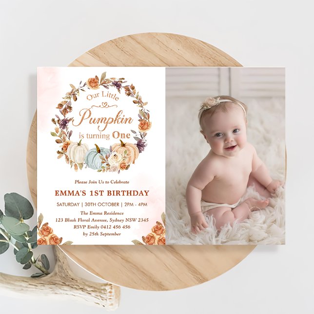 Pumpkin 1st Birthday Orange Floral Party  Invitation (Creator Uploaded)