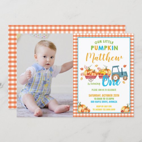 Pumpkin 1st Birthday Party Harvest Truck Boy Photo Invitation