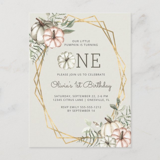 Pumpkin 1st Birthday Party Sage Green Postcard (Front)