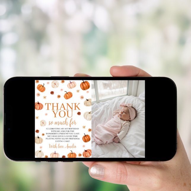 Pumpkin 1st Birthday Photo Thank You Card (Front Digital)