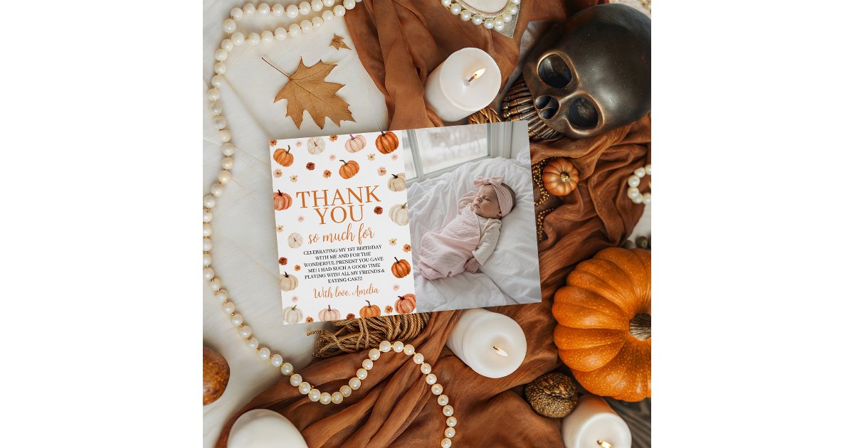 Pumpkin 1st Birthday Photo Thank You Card | Zazzle