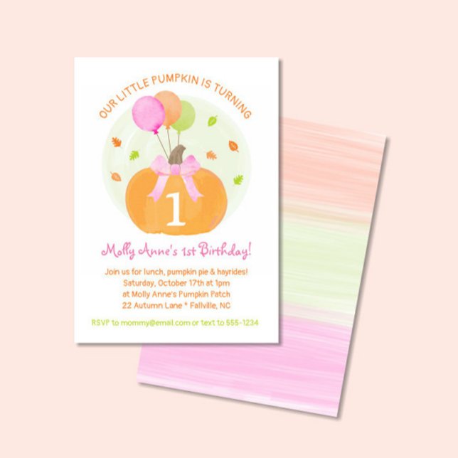 Pumpkin 1st Fall First Birthday Girl Party Invitation (Little Pumpkin with a bow, Balloons & Leaves in watercolor orange, pink and green)