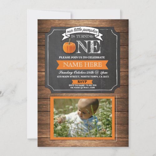 Pumpkin 1st First One Birthday Party Photo Invite