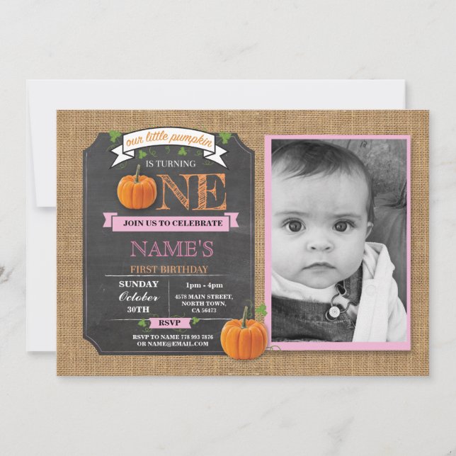Pumpkin 1st First One Birthday Party Photo Invite (Front)