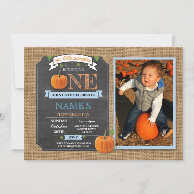Pumpkin 1st First One Birthday Party Photo Invite (Front)
