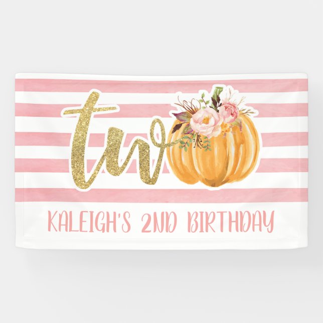 Pumpkin 2nd Birthday Banner - Girl Pink Stripes (Horizontal)