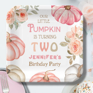 Pumpkin 2nd Birthday Bold Pink Girl Floral Paper Plates