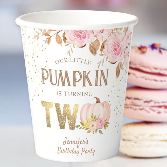 Pumpkin 2nd Birthday Girl Pink Floral Paper Cups (Creator Uploaded)