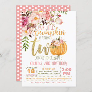 Pumpkin 2ND Birthday Invitation - Floral Pink Dots