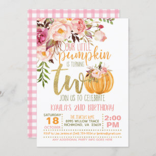 Pumpkin 2ND Birthday Invitation - Floral Plaid
