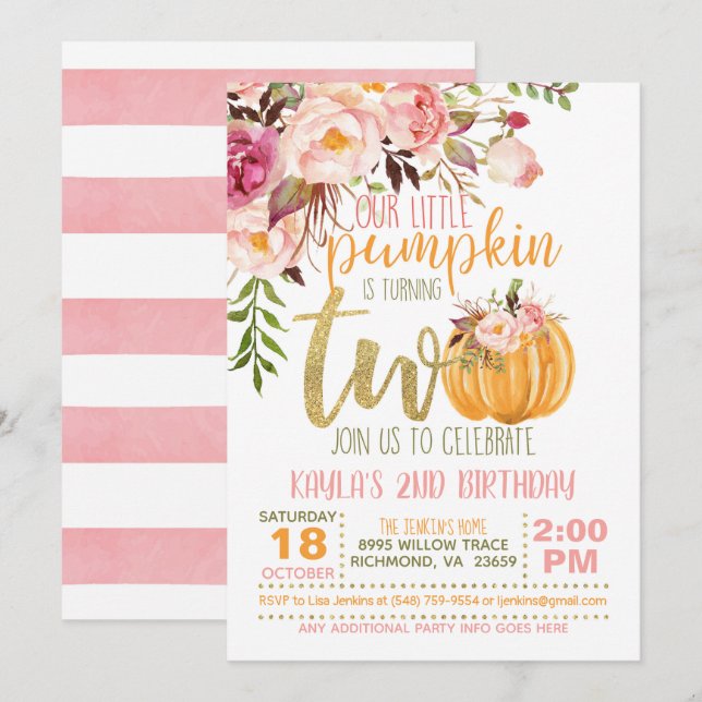 Pumpkin 2ND Birthday Invitation - Floral Stripes (Front/Back)