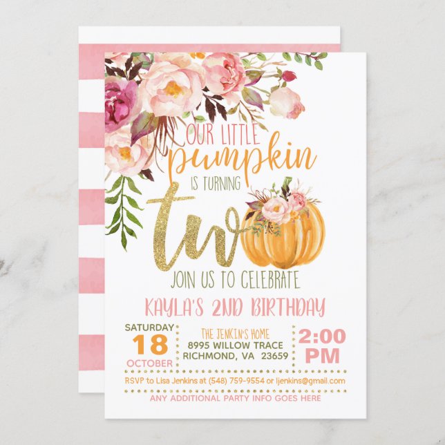 Pumpkin 2ND Birthday Invitation - Floral Stripes (Front/Back)