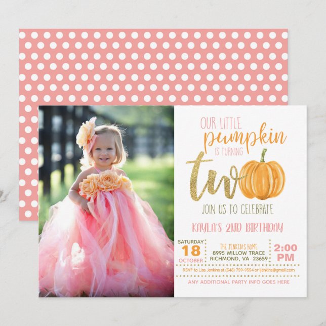 Pumpkin 2nd Birthday Invitation for Girl w/Photo 2 (Front/Back)