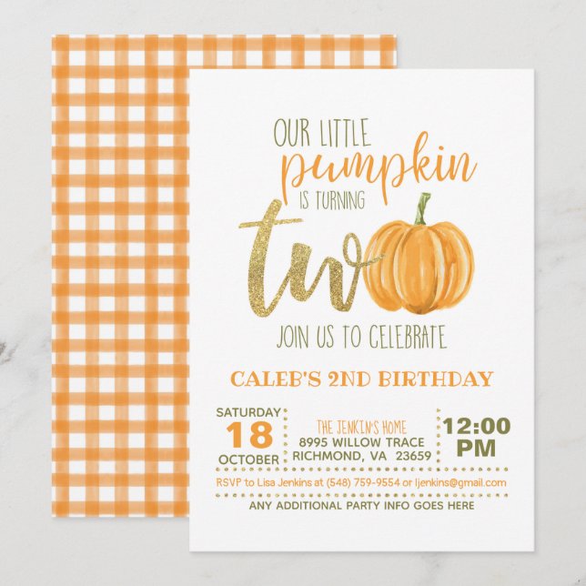 Pumpkin 2ND Birthday Invitation - Orange Plaid (Front/Back)