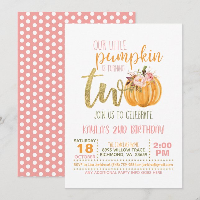 Pumpkin 2ND Birthday Invitation - Pink Dots (Front/Back)