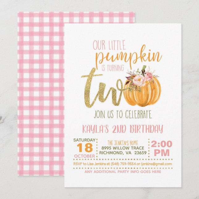Pumpkin 2ND Birthday Invitation - Pink Plaid (Front/Back)