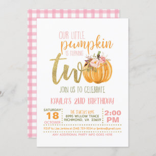 Pumpkin 2ND Birthday Invitation - Pink Plaid