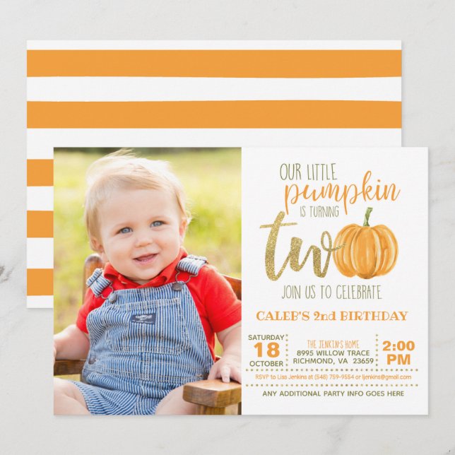 Pumpkin 2nd Birthday Invitation w/Photo (Front/Back)