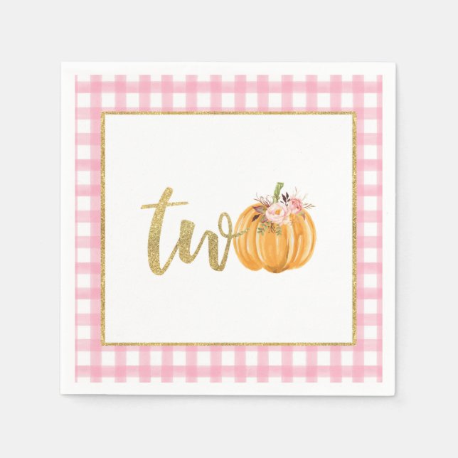 Pumpkin 2nd Birthday Napkin - Pink Plaid (Front)
