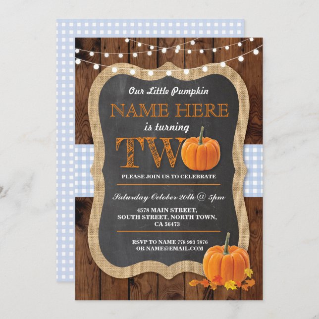 Pumpkin 2nd Birthday Party TWO Blue Invite (Front/Back)