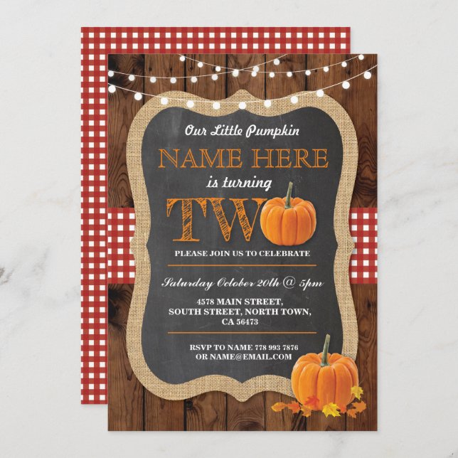 Pumpkin 2nd Birthday Party TWO Fall Invite (Front/Back)