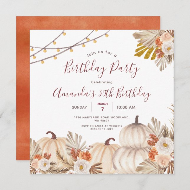Pumpkin 30th Birthday Party Boho Pampas Grass Invitation (Front/Back)
