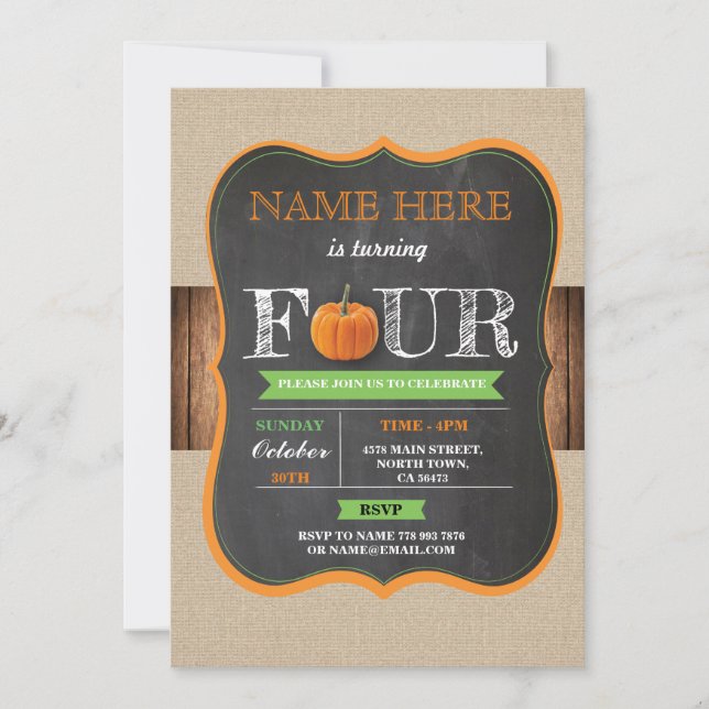 Pumpkin 4th Four 4 Birthday Party Boy Girl Invite (Front)