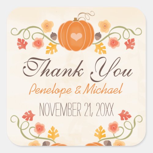 Pumpkin Acorn Floral Fall Wedding Thank You Square Sticker