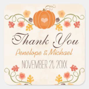 Pumpkin Acorn Floral Fall Wedding Thank You Square Sticker