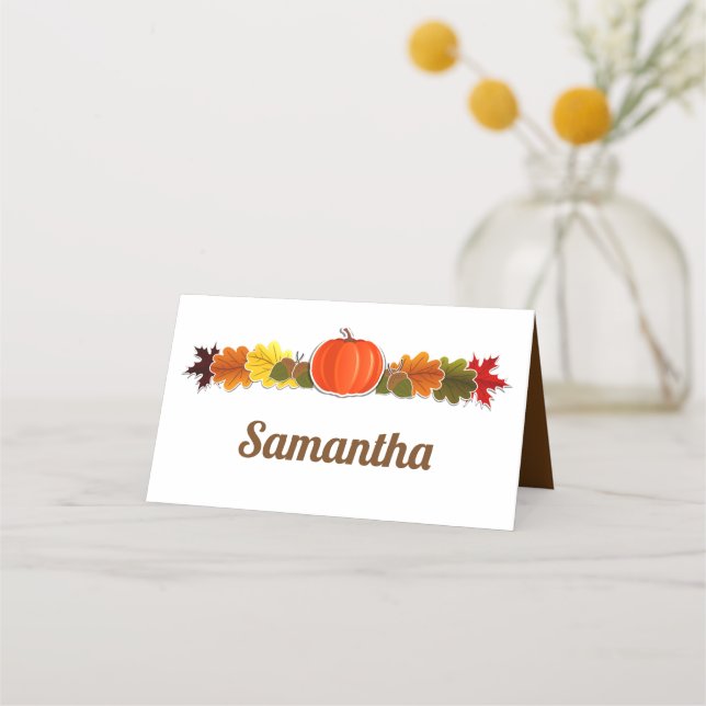 Pumpkin, acorns and fall leaves Thanksgiving Place Card (Front)