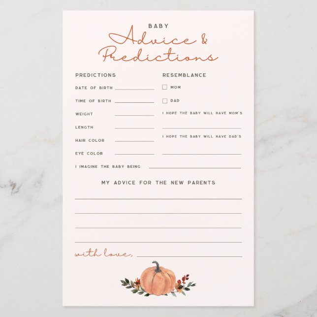 Pumpkin Advice and Predictions Baby Shower Game (Front)