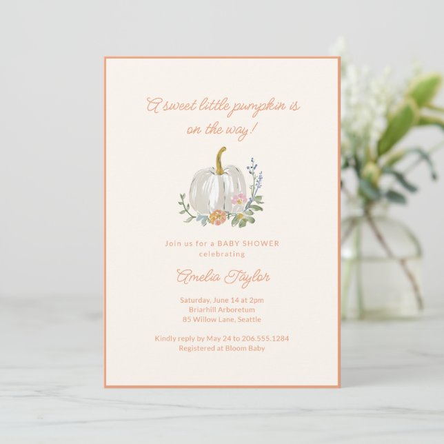 Pumpkin All in One Orange Fall Cute Baby Shower  Invitation (Standing Front)