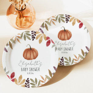 Pumpkin and Autumn Leaves Baby Shower Paper Plates