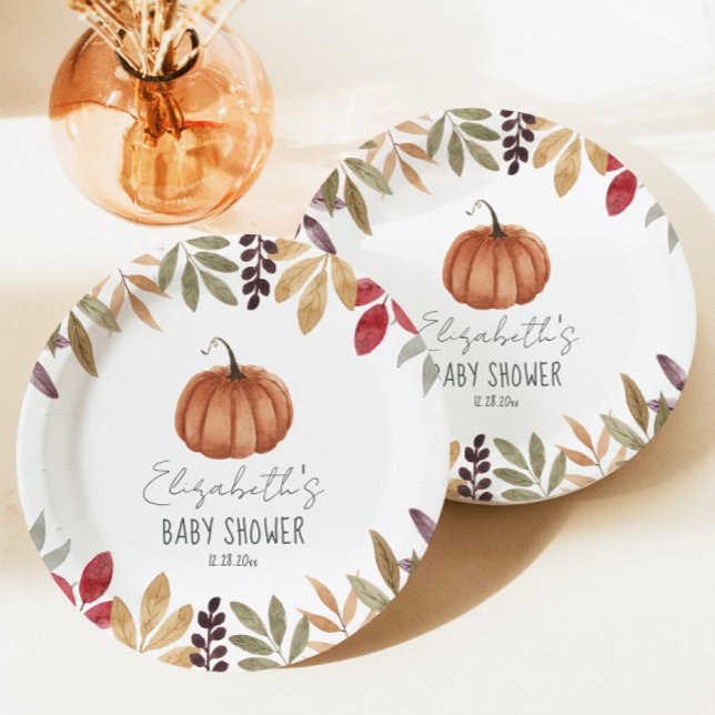 Pumpkin and Autumn Leaves Baby Shower Paper Plates (Creator Uploaded)