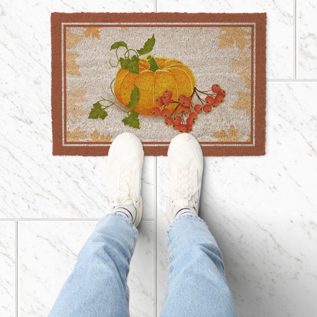 Pumpkin and berries terracotta fall Thanksgiving Fiber Doormat (Insitu)
