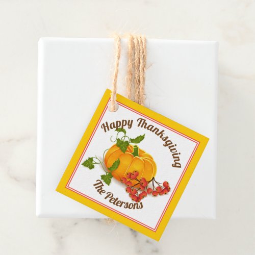 Pumpkin and berries yellow fall Happy Thanksgiving Favor Tags