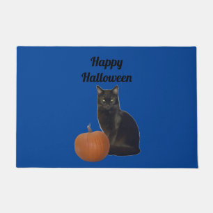 Pumpkin and Black Cat Happy Halloween Blue Doormat