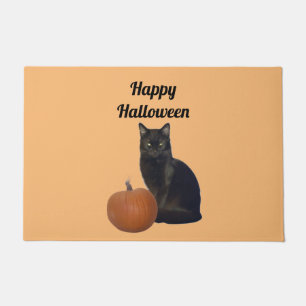 Pumpkin and Black Cat Happy Halloween Orange Doormat