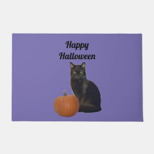 Pumpkin and Black Cat Happy Halloween Purple Doormat