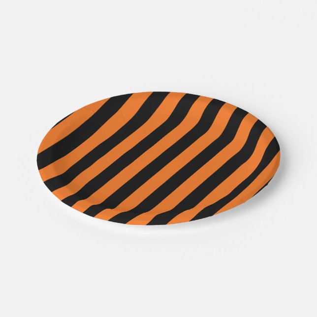 Pumpkin and Black Large Size Stripes Paper Plates (Angled)