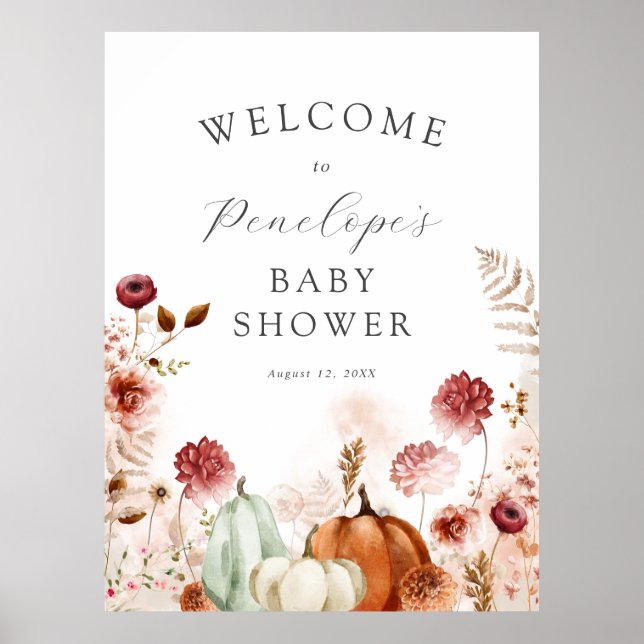 Pumpkin and Burgundy Baby Shower Welcome Sign (Front)
