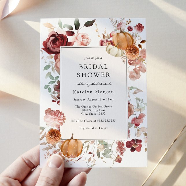 Pumpkin and Burgundy Floral Bridal Shower Invitation (Creator Uploaded)