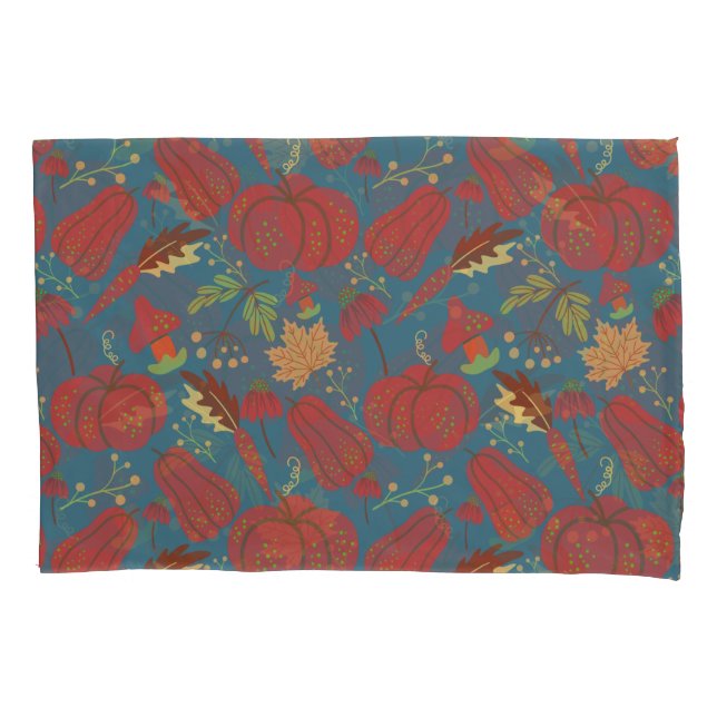 Pumpkin and carrot  seamless pattern red and blue pillow case (Front-Left)