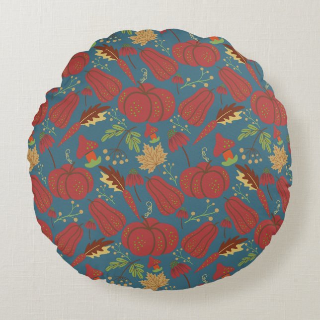 Pumpkin and carrot  seamless pattern red and blue round pillow (Front)