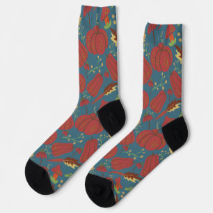 Pumpkin and carrot  seamless pattern red and blue  socks