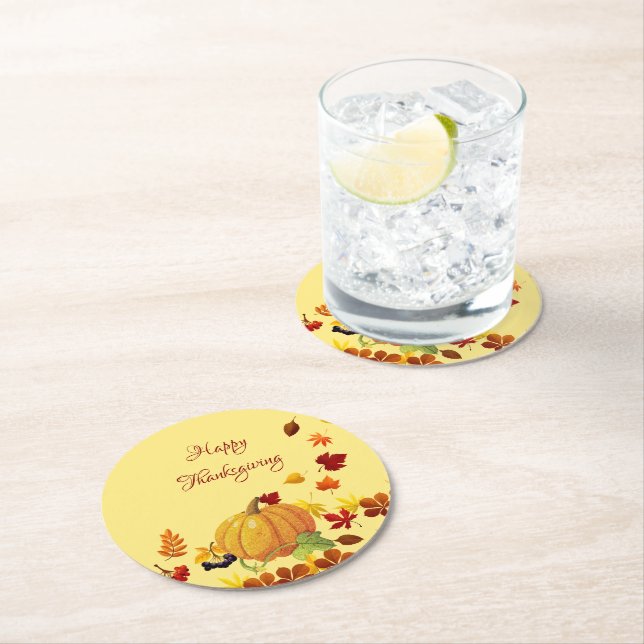 Pumpkin And Colorful  Leaves Round Paper Coaster (Insitu)